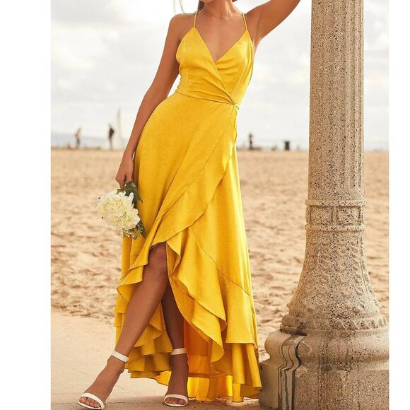 Lulus In Love Forever Maxi Dress Small Mustard Yellow Satin Formal Wedding Guest - Picture 1 of 15